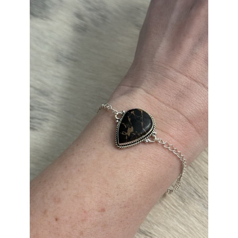 Sterling Silver Black Stallion Turquoise Tear Drop Bracelet Single Stone Stacker